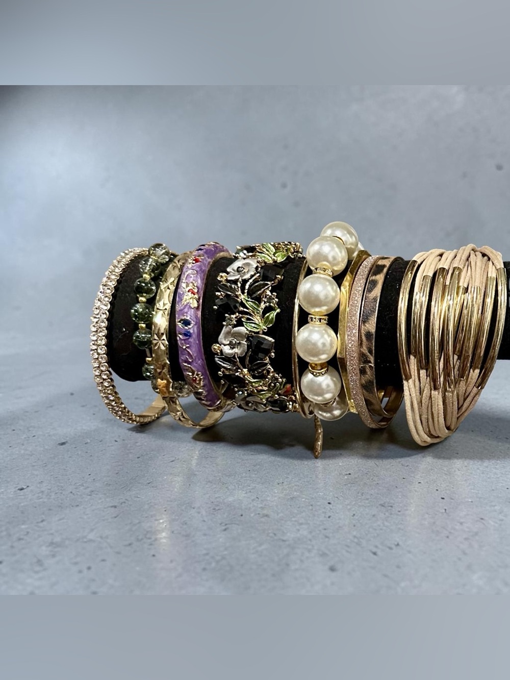 Vintage Boho Gold Bangle Bracelet Stack Set Pearl Rhinestone Floral Enamel Lot